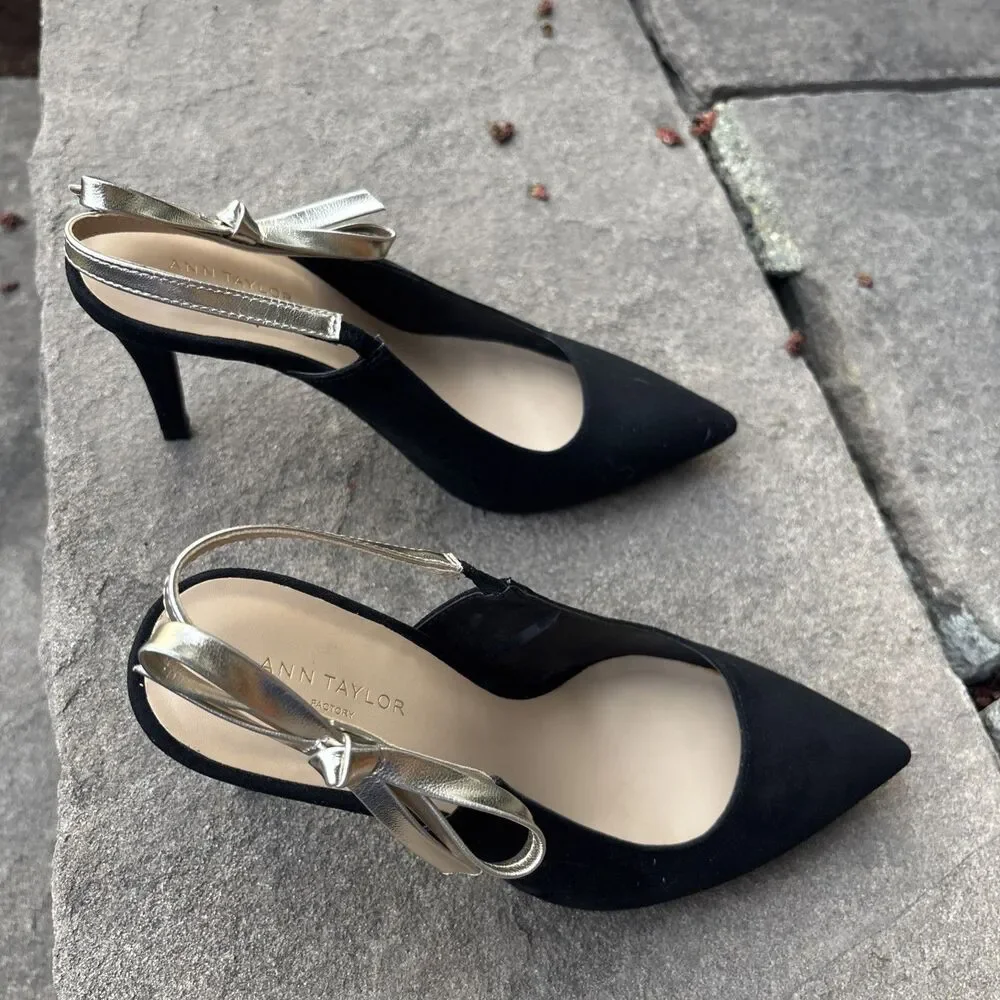 Women’s Ann Taylor Black Slingback Heels With Metallic Bows Size 6 EUC